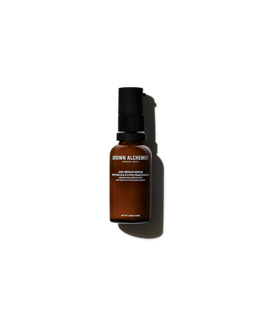 Grown Alchemist Age-Repair Serum 30ml bottle showing peptide and polysaccharide ingredients for youthful skin.