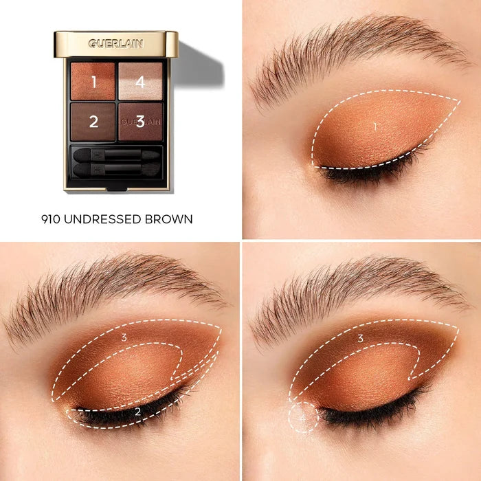 Guerlain Ombres G Quad Eyeshadow Palette in 888 Regarde Moi with four neutral eyeshadow shades and a mirror, compact packaging.