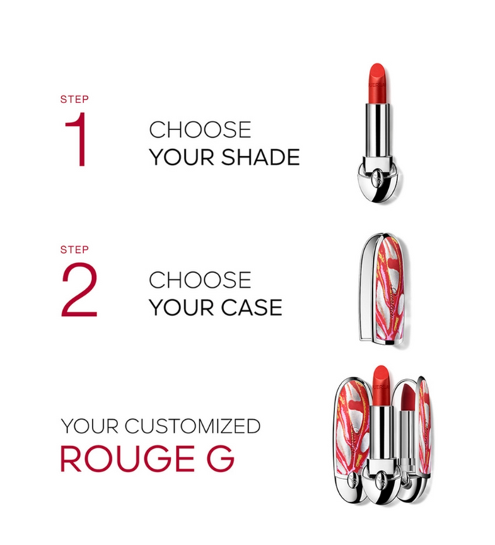 Guerlain Rouge G lipstick with multiple shades and caps, new in box, showcasing elegant beauty and variety of color options.