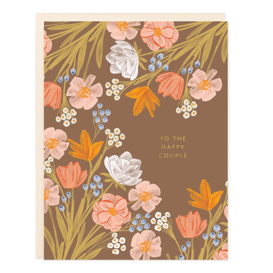 Floral greeting card with orange and pink flowers on dark brown background