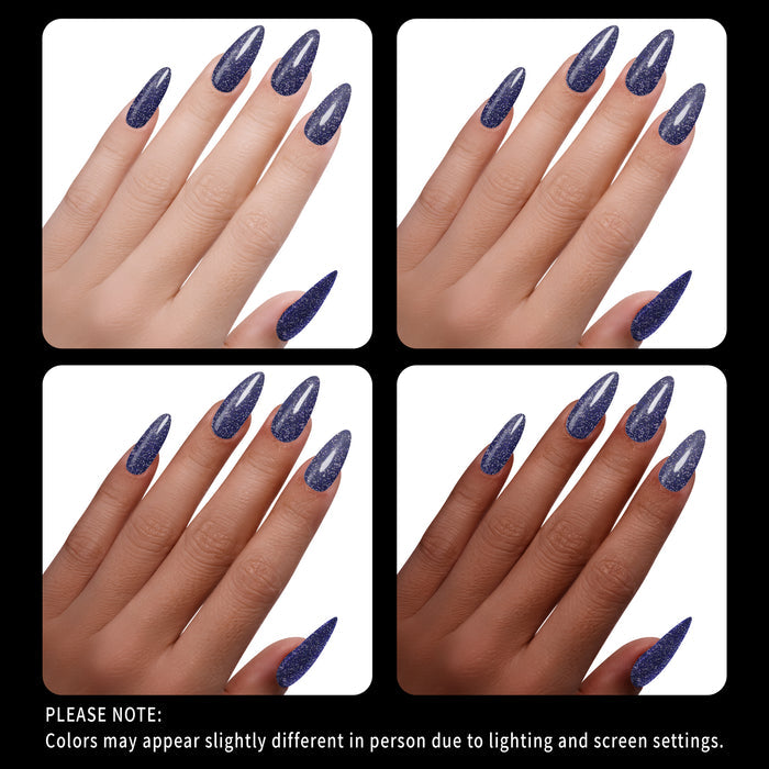 Four views of a hand with blue glittery nail polish on a white background.