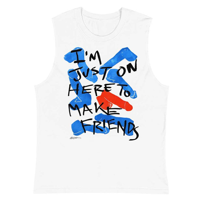 White sleeveless shirt with colorful graphic and text on a white background