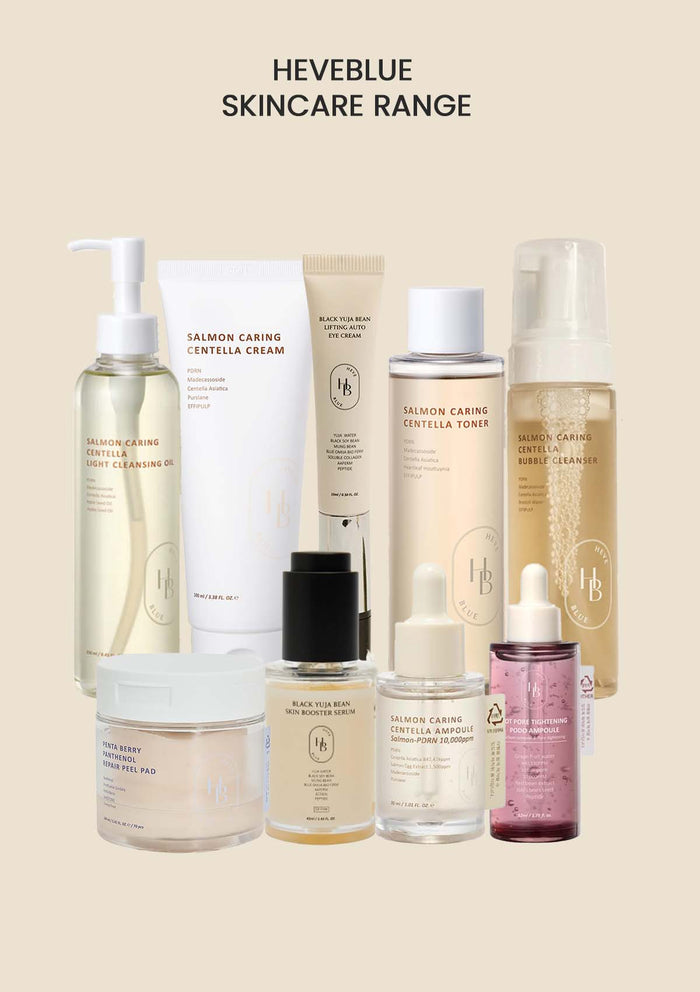 Heveblue skincare products on a beige background