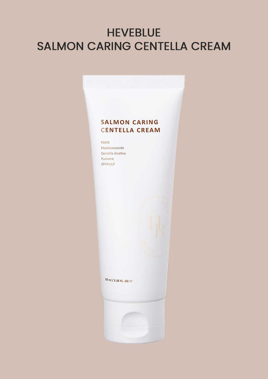 A tube of HEVEBLUE Salmon Caring Centella Cream against a beige background.