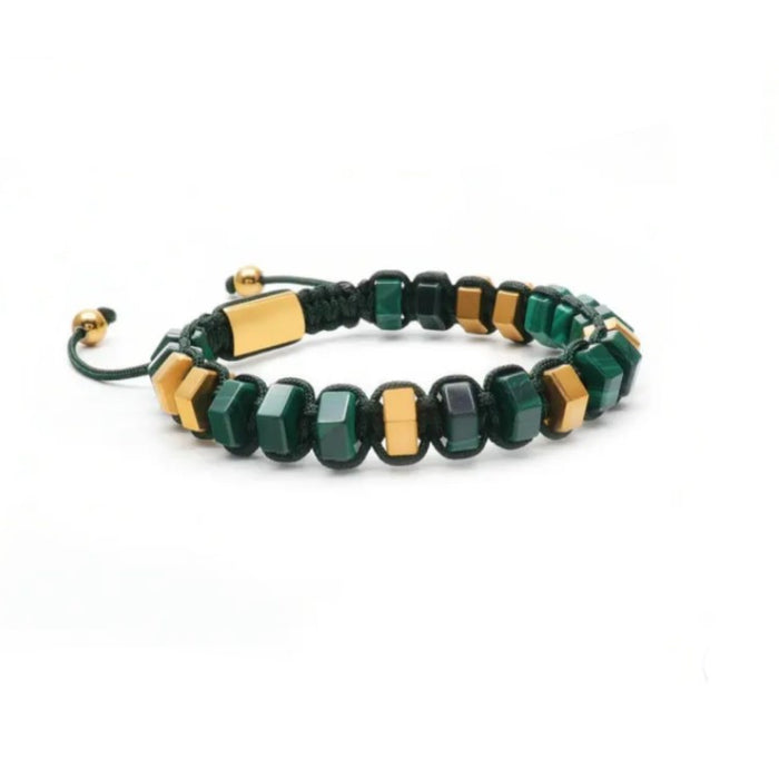 HexaLuxe Men’s Bracelet – Green Malachite & Gold-Tone Hexagon Beads