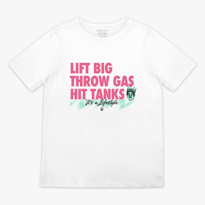 White youth graphic tee with "Hit Tanks" design — front view