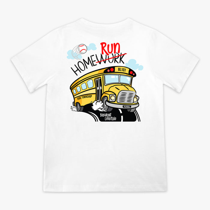 White t-shirt with a yellow school bus graphic and text on a white background