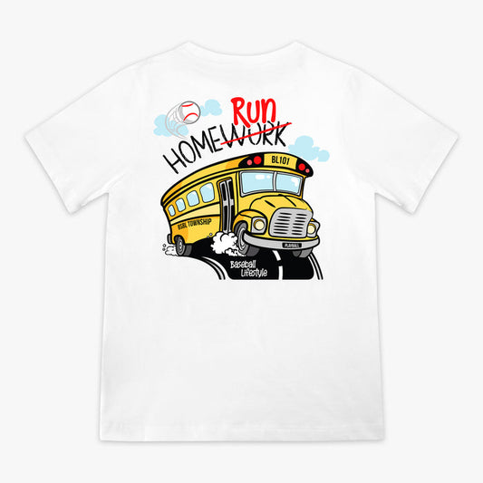 White t-shirt with a yellow school bus graphic and text on a white background
