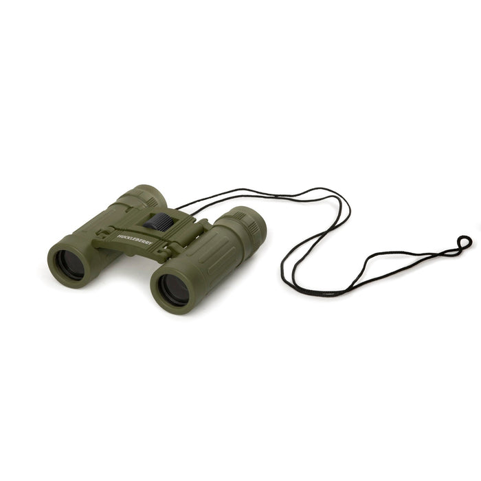 Olive binoculars with attached neck strap, side view