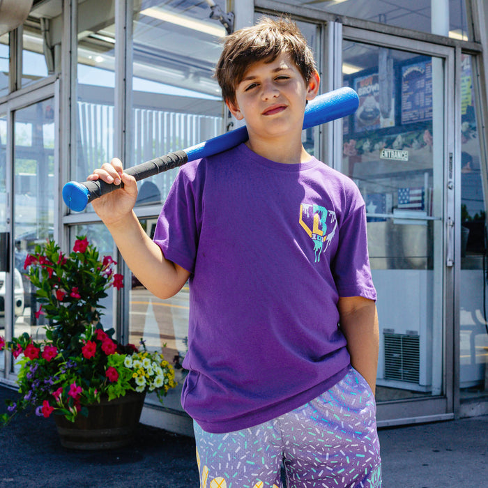 Youth model wearing ice Cream Galaxy Grape youth graphic tee