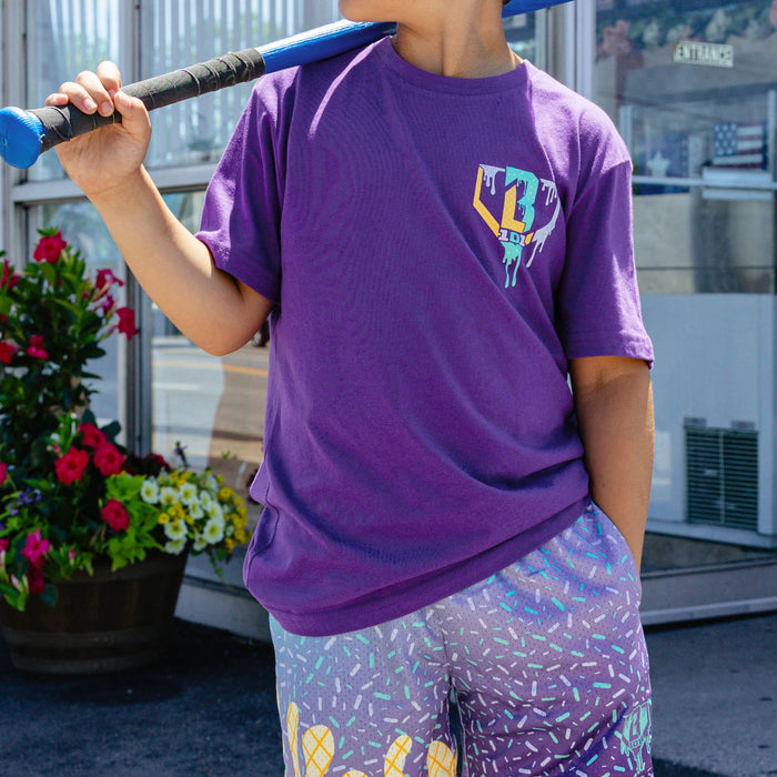 Youth model wearing ice Cream Galaxy Grape youth graphic tee