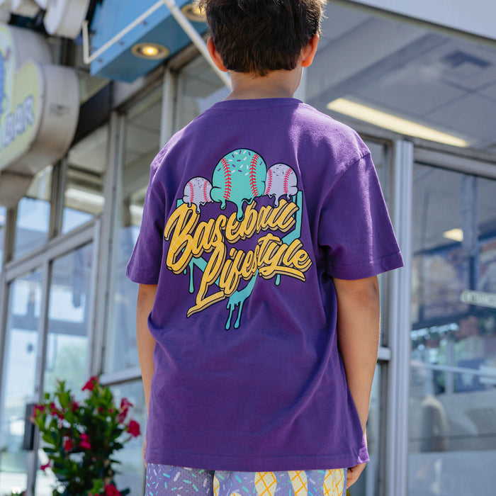 Youth model wearing ice Cream Galaxy Grape youth graphic tee