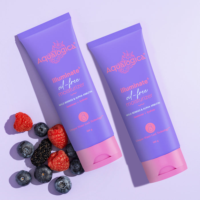 Aqualogica Illuminate oil-free moisturizer tubes with wild berries