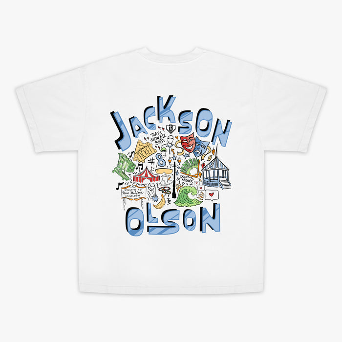 White youth graphic tee with “Jackson Olson Hometown Relaxed” design — back view