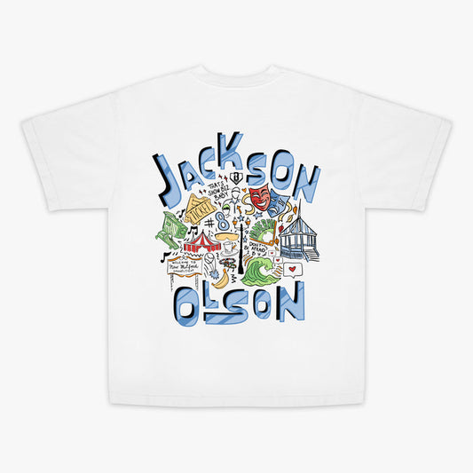 White youth graphic tee with “Jackson Olson Hometown Relaxed” design — back view