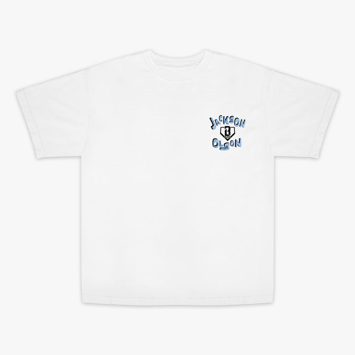 White youth graphic tee with “Jackson Olson Hometown Relaxed” design — front view