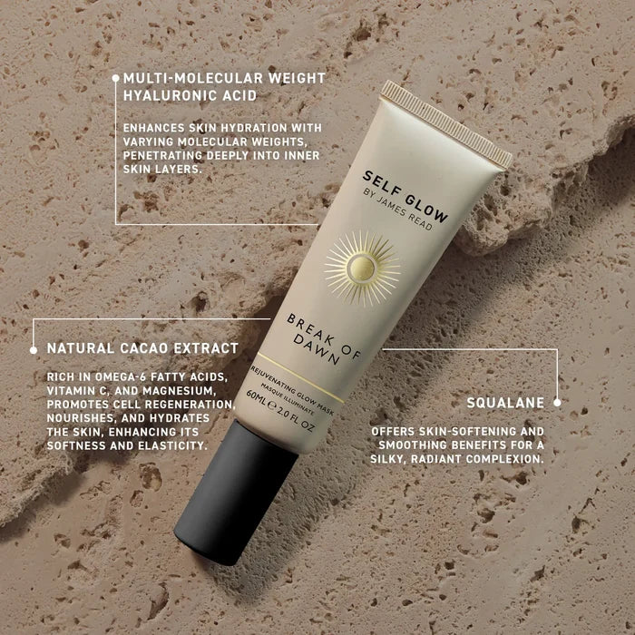 By James Read Break of Dawn Rejuvenating Glow Mask 60ml tube with a natural glow, resting on a rock.