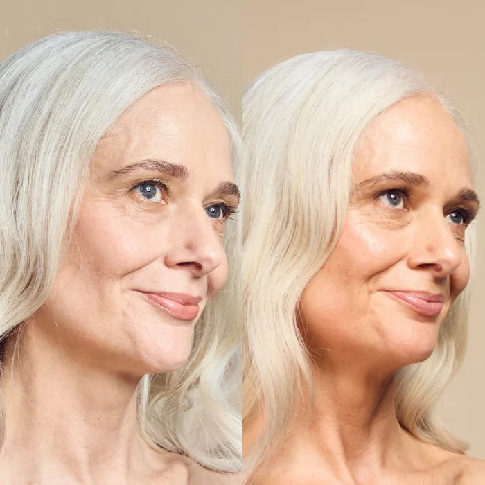 James Read Break of Dawn Rejuvenating Glow Mask 60ml, showing radiant, glowing skin on a beauty model before and after use.