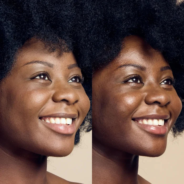 James Read Dusk to Dawn Overnight Tan facial serum showing before and after radiant skin on a model's face.