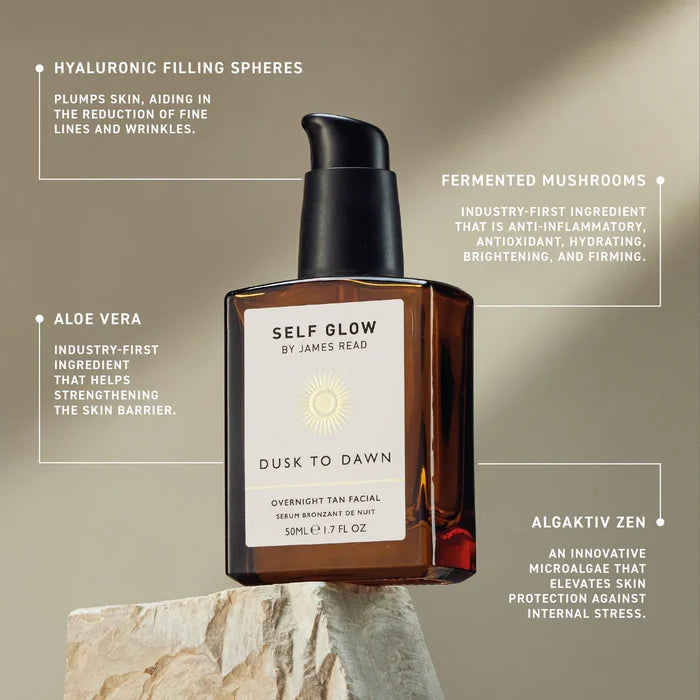 James Read Dusk to Dawn Overnight Tan Facial in 50ml bottle, natural self-glow skincare, on a rock with infographic background