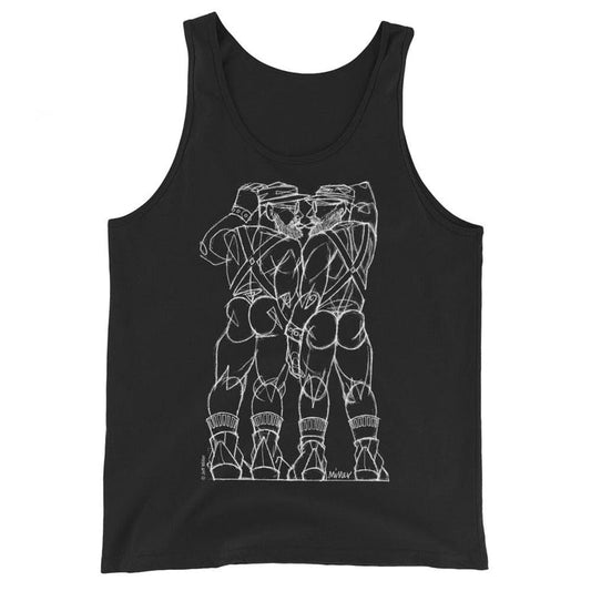 White drawing of leather men in harnesses on a black tank