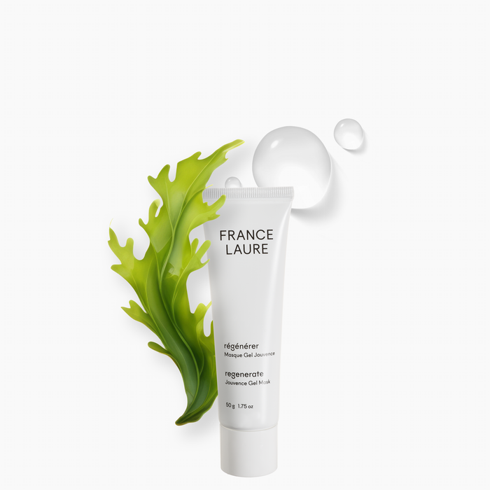 France Laure Regenerate Jouvenance Gel Mask tube with fresh green seaweed and water droplets, showcasing hydrating skincare for all skin types.