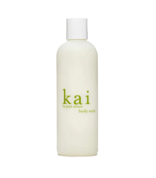 Kai body wash 8 oz bottle, pale cream plastic with green logo label