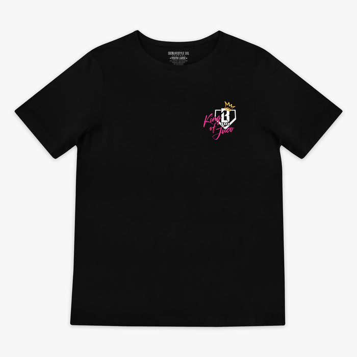 Black youth graphic tee with "King Of JUCO" design — front view