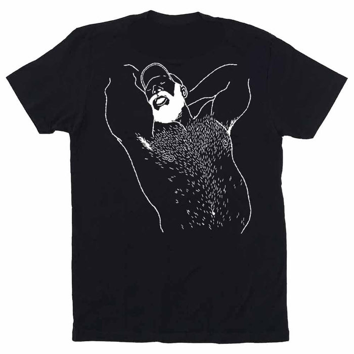 Kinky Needles Arms Up Bearded Bear White Print T-Shirt — Adam's Nest, Provincetown