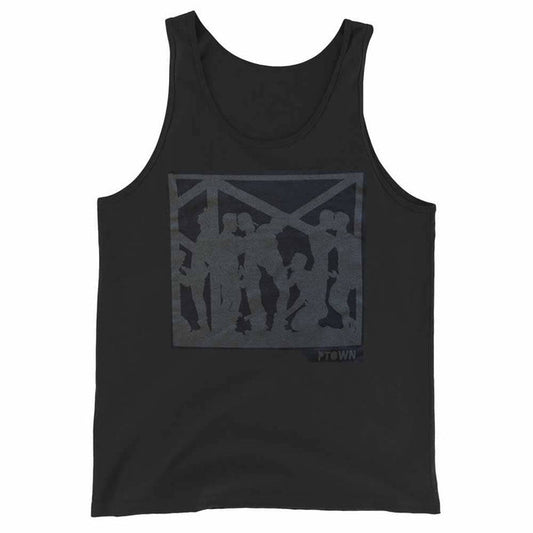 Black tank top with graphic design on a white background