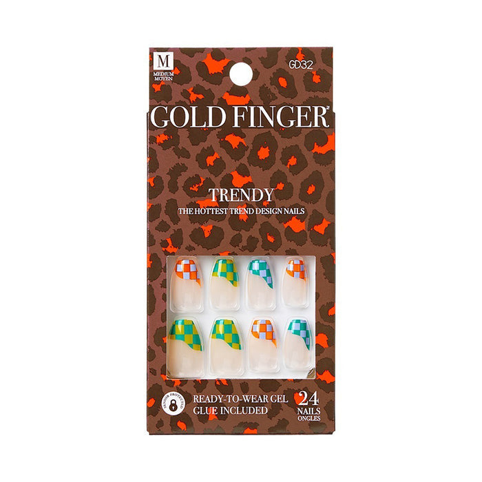 IVY BEAUTY by KISS Gold Finger trendy set with blue geometric press on nails checker tips 24 nails