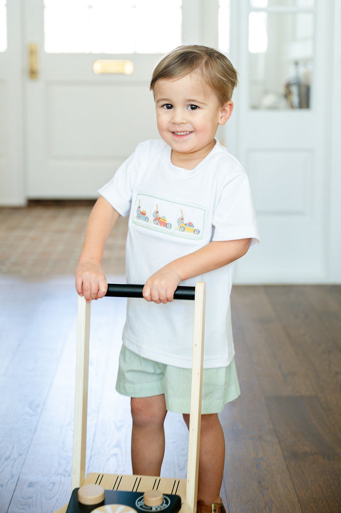 Toddler & Boys White Cotton Hand-Smocked Lawn Mower T-Shirt & Green Gingham Shorts Set – Father's Day & Spring Outing Outfit – Sizes 12M–8