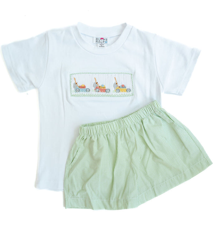 Toddler & Little Boys Heirloom-Quality Smocked Lawn Mower T-Shirt & Green Gingham Shorts – Spring Outings, Father's Day & Picture-Perfect Family Photos – Sizes 12M–8