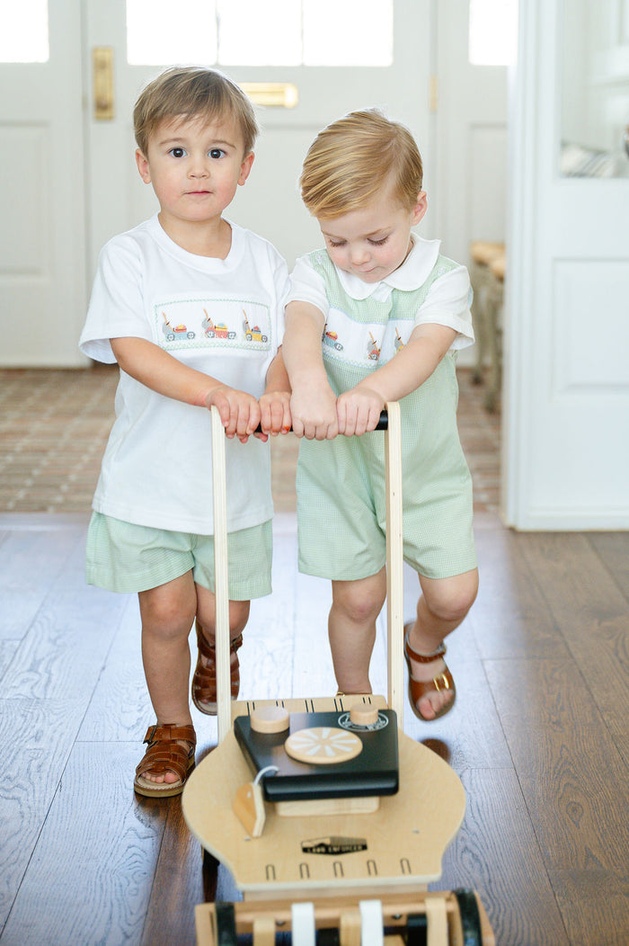 Boys Classic Heirloom-Quality Green Gingham Smocked Lawn Mower Jon Jon – Pairs with Peter Pan Collar Shirt – Spring Celebrations, Father's Day & Special Events – Sizes 3M–4T