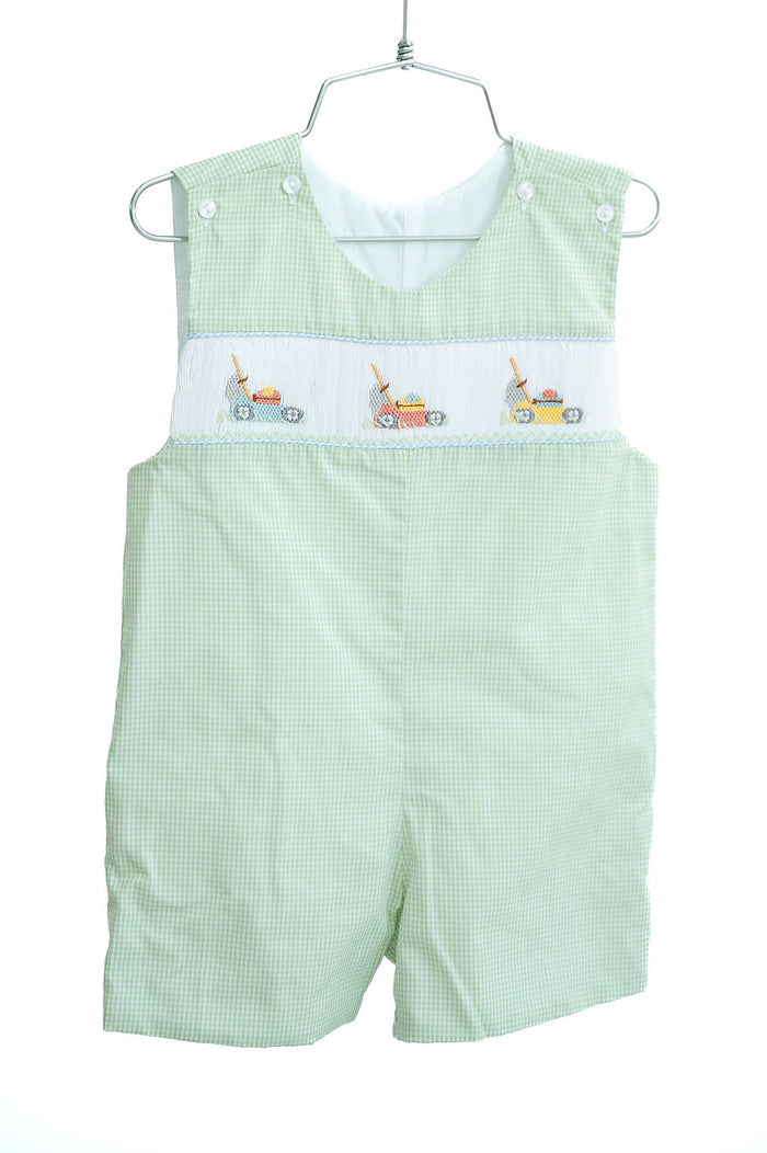 Baby & Toddler Boys Green Gingham Hand-Smocked Lawn Mower Jon Jon – Classic Traditional Silhouette – Spring Outings, Family Gatherings & Special Occasions – Sizes 3M–4T