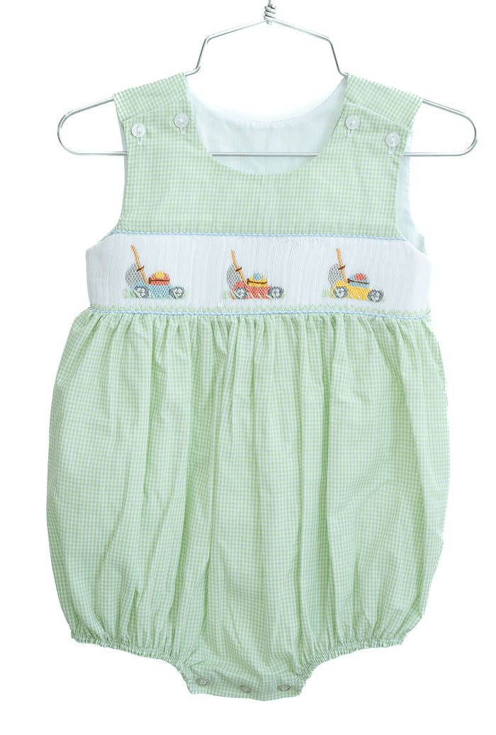 Baby & Toddler Boys Soft Green Gingham Smocked Lawn Mower Bubble – Heirloom-Inspired Spring & Father's Day Outfit – Picture-Perfect Family Photos – Sizes NB–3T
