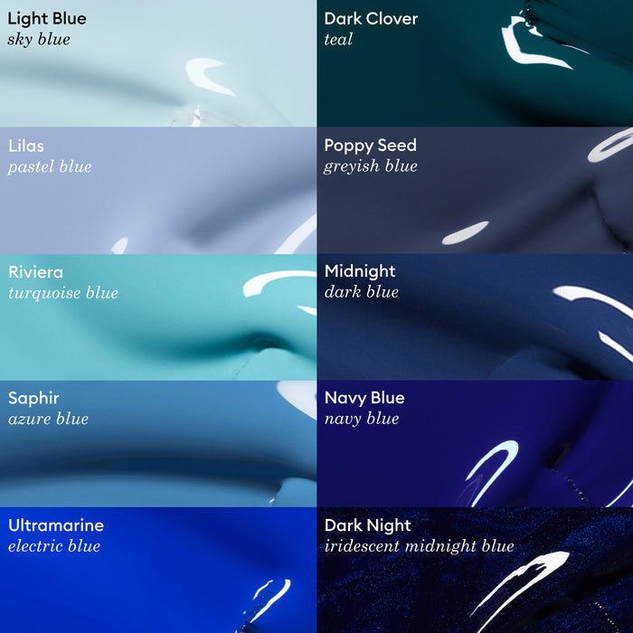 A grid of paint swatches shows eight blue nail shades, including pastel tones like Lilas by Manucurist. Each shade from the Green™ collection, such as Light Blue and Riviera, is clearly labeled with its name and description.