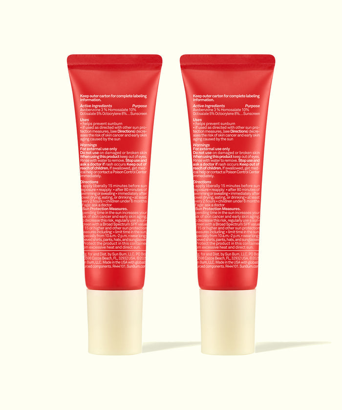Two red tubes of Sun Bum Lip 30 Duo: Heat Wave + Heat Wave with white caps, back packaging text visible.