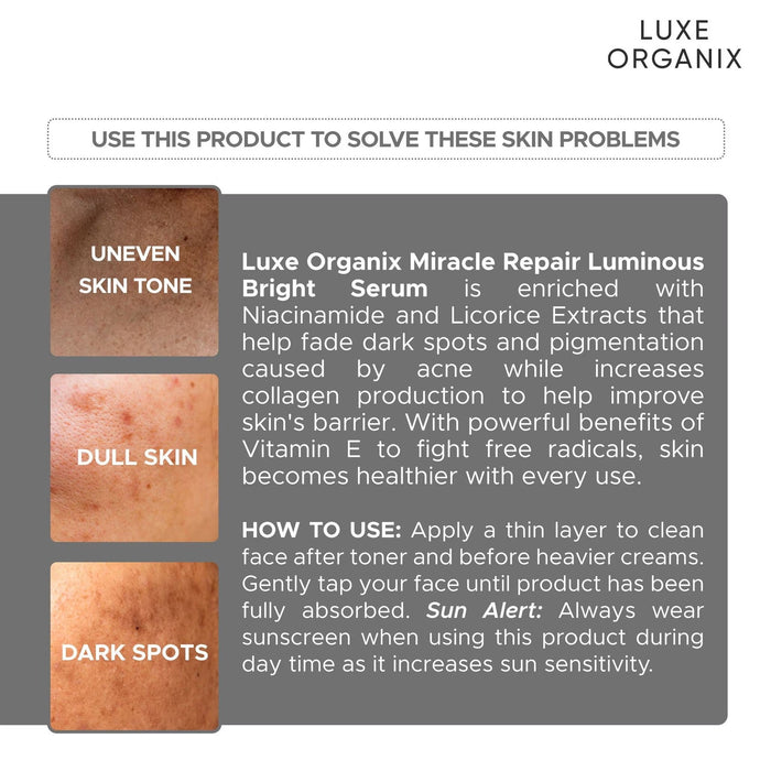 Luxe Organix Miracle Repair Luminous Bright Serum 30ml سيروم لوكس أورجانيكس ميراكل ريبير لومينوس برايت - Princess Cosmetics Qatar