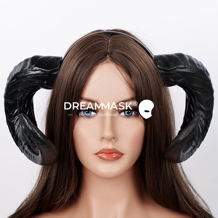 InTheMask by Moli's Chessia Accessories M28 demon ram horns, realistic black and red demon horns for costumes or cosplay.