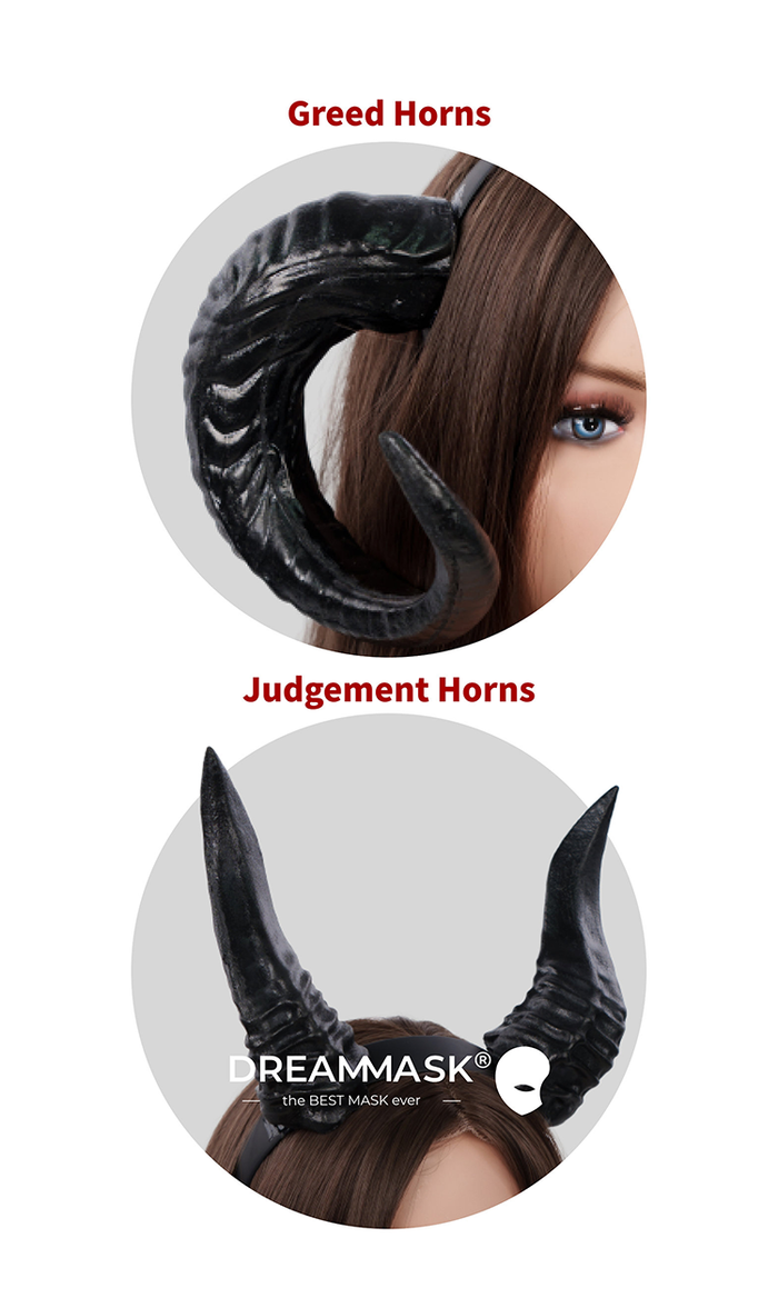 InTheMask by Moli's M28 Chessia Accessories Demon Horns featuring realistic ram-style demon horns on a black background
