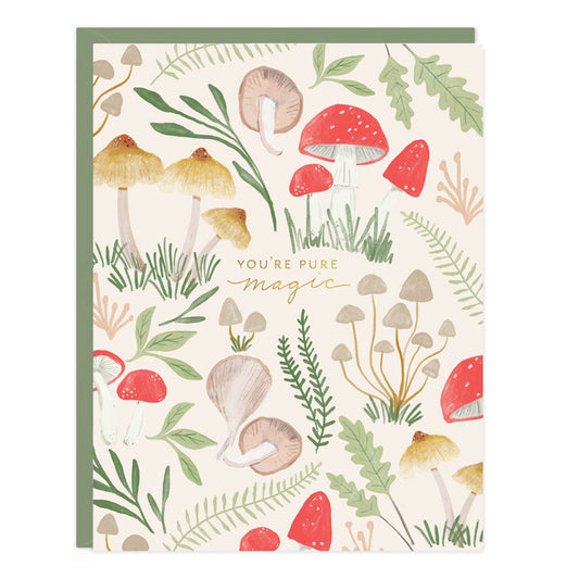 Magic mushroom card with cream cover, red and tan mushrooms, leaf pattern and 'YOU'RE PURE' text