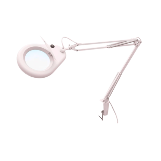 E012C Magnifying Lamp | A white adjustable magnifying lamp with a circular magnifying lens, flexible articulated arm, and table clamp attachment, shown on a plain white background.
