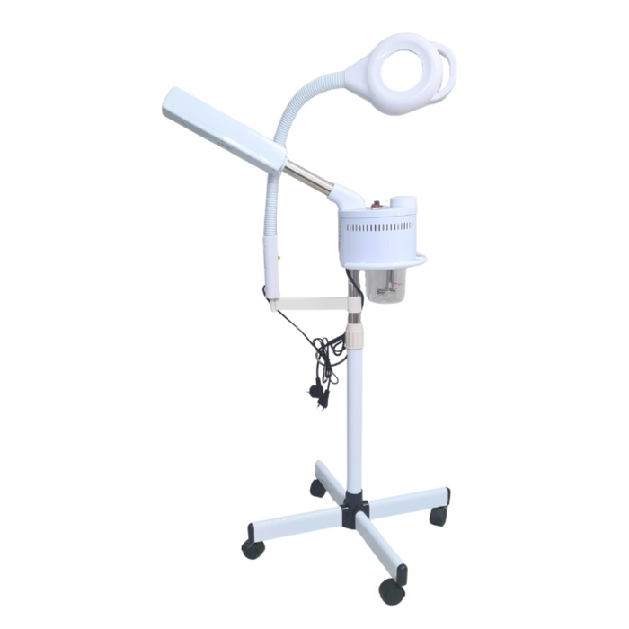 E006C Magnifying Lamp Stamer Combo | White facial steamer magnifying lamp combination with a metal stand on a white background