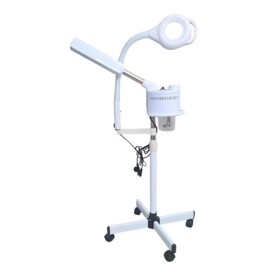 E006C Magnifying Lamp Stamer Combo | White facial steamer magnifying lamp combination with a metal stand on a white background