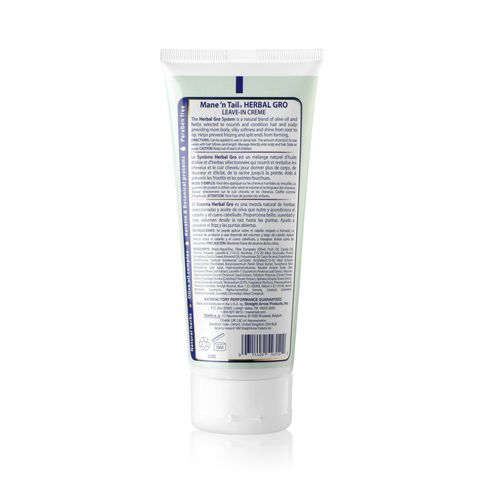 Mane N Tail tube back label showing herbal gro leave-in conditioner product info and directions for hair care