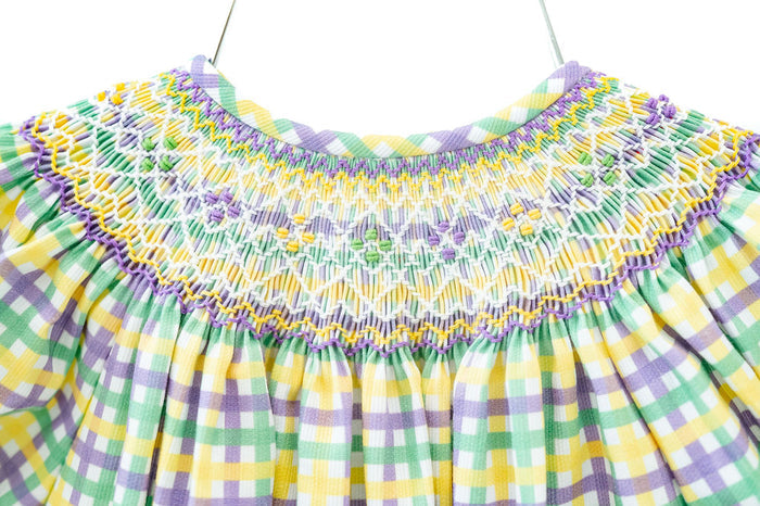 This smocked Mardi Gras bubble is designed with elegance and comfort, perfect for celebrating the season in style.