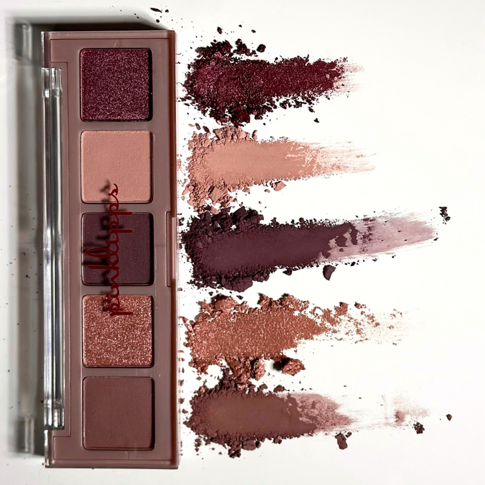 Close-up swatches of Pink Lipps Mauve Me Fall Eyeshadow Palette open showing five pigmented pans in rosy-mauve hues