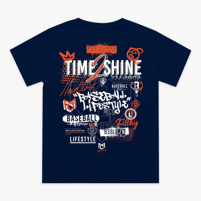 Navy blue t-shirt with colorful graphics and text on a white background
