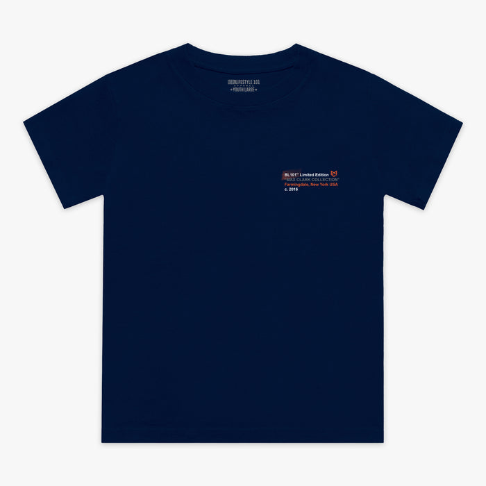Navy blue t-shirt with a small logo on the chest against a white background